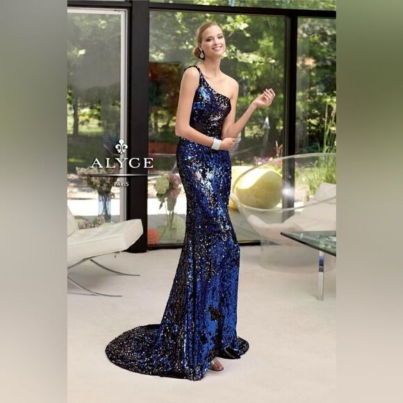 Prom One Shoulder Black Mermaid Dress by Alyce Paris 6036 NWT